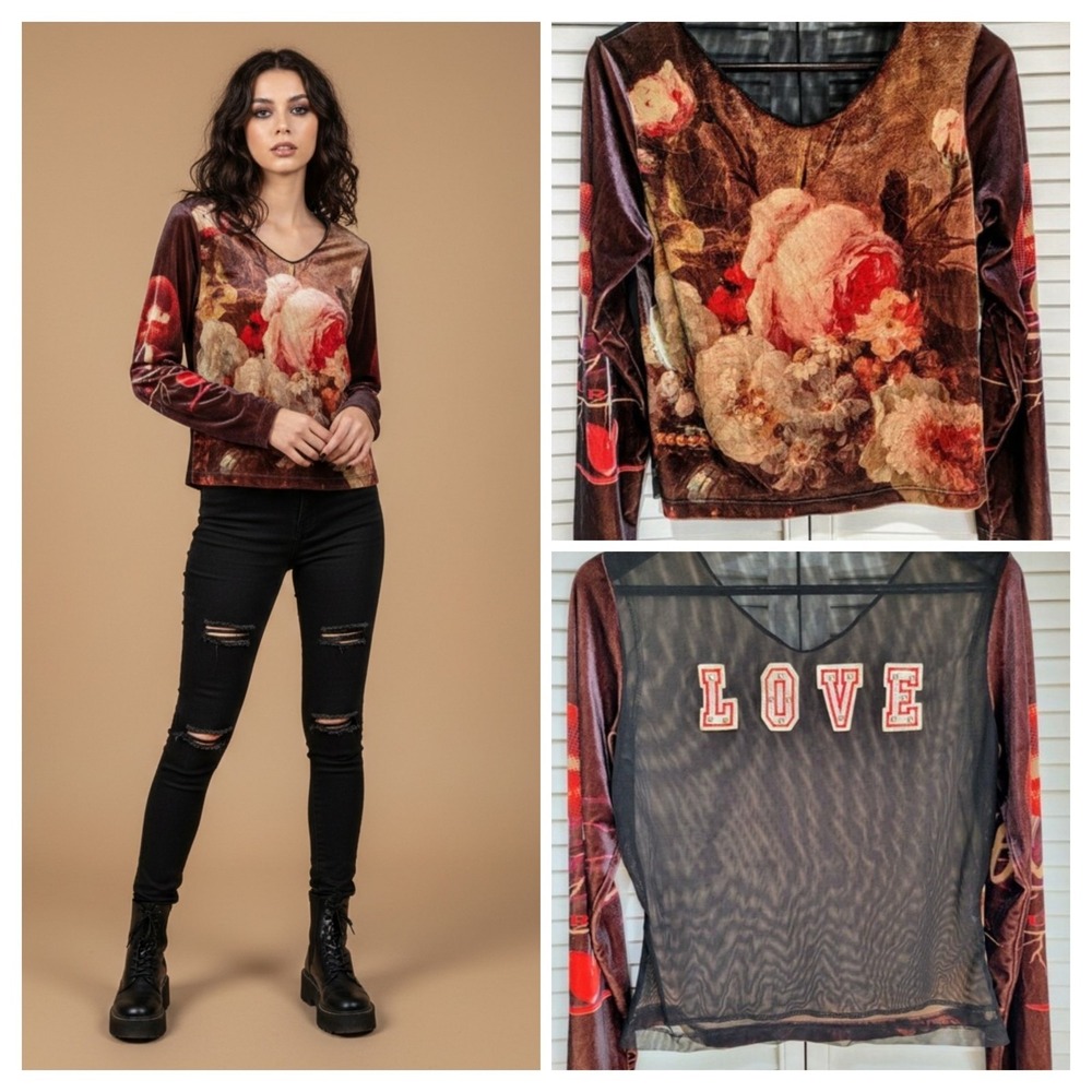 Love Amour Velvet Floral Mesh Back Top Womens Med VTG Y2K  Grunge Dark Romance